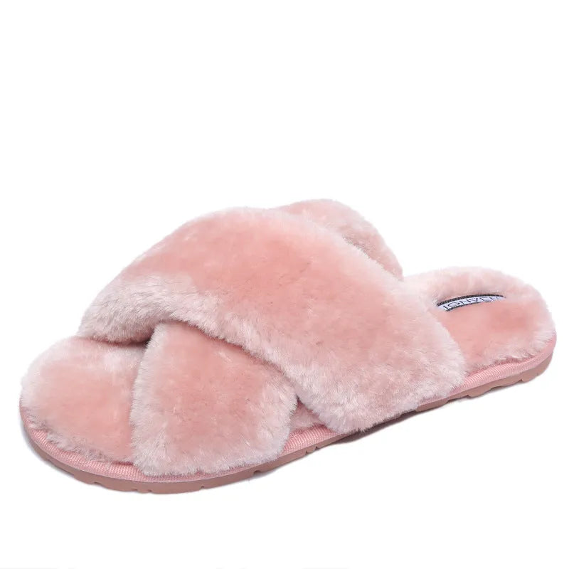 Women's cross open-toe fur slippers in assorted colours on a patterned non-slip sole.