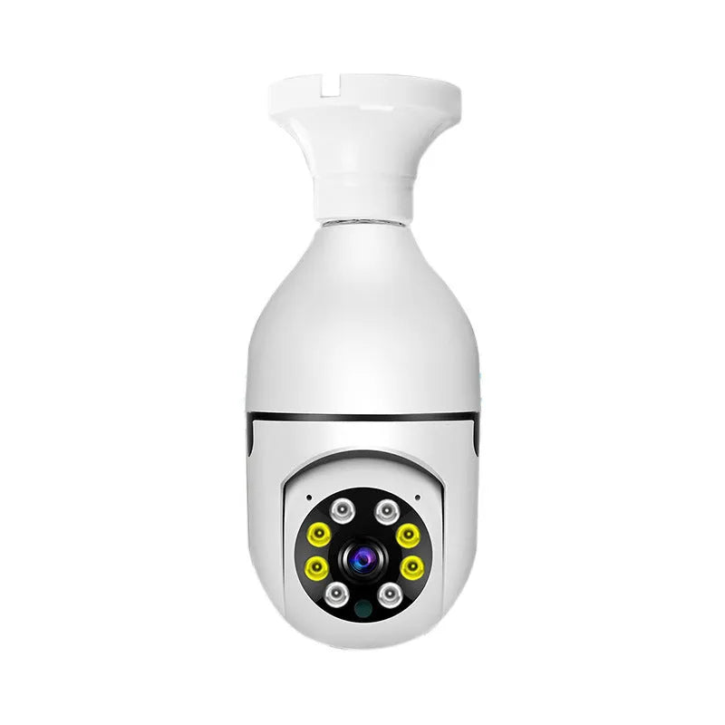 White wireless wifi bulb security camera with lens, showing 5cm diameter and 12cm height.
