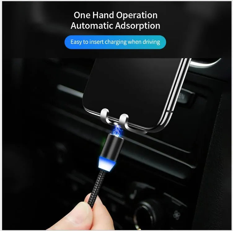 1 metre magnetic LED charging cable with cotton woven cord and three-in-one connector in aluminium shell