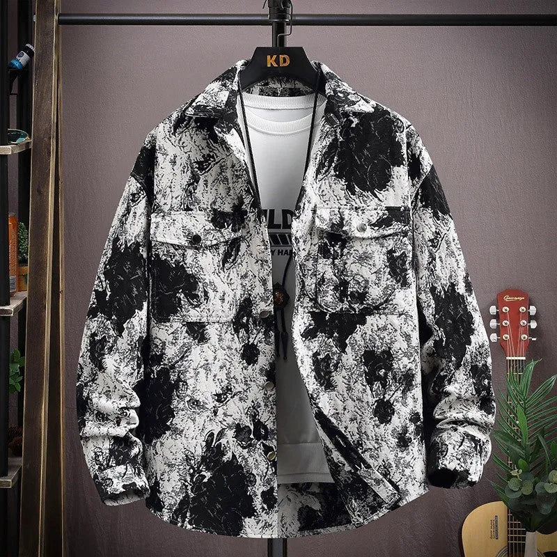 Personality casual lapel shirt coat in a colour option, shown with long sleeves and straight hem.