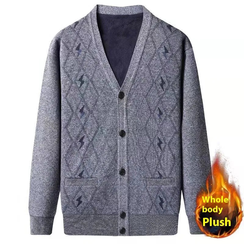 Plus-size men's grey fleece-lined cardigan with batwing sleeves on a hanger.
