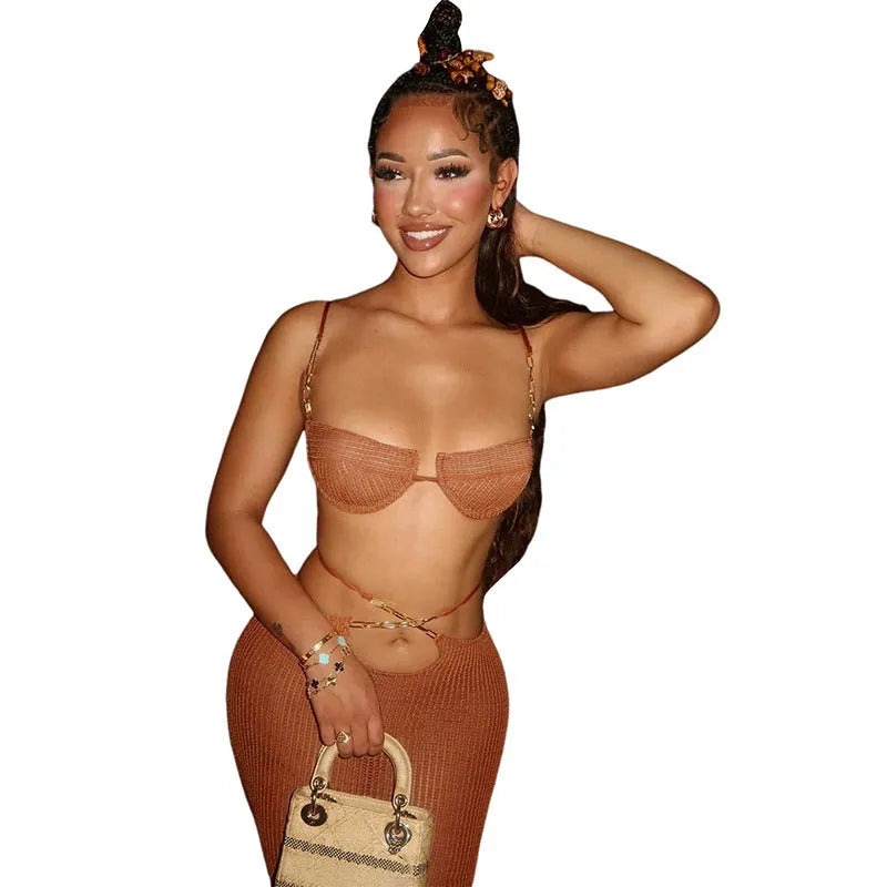 See-through bikini skirt suit for women in black with long polyester skirt and sleeveless top