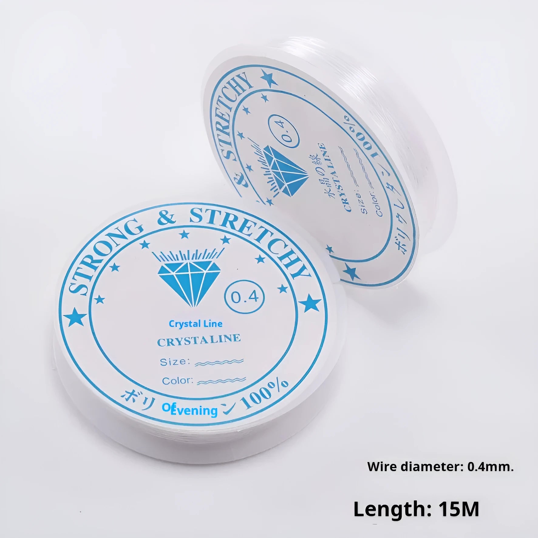 Spool of transparent crystal elastic fishing line for DIY beading and jewellery making on a craft table.