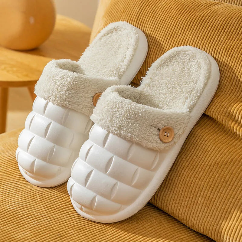 Pink and green plaid detachable slippers with a plush lining and textured EVA sole.