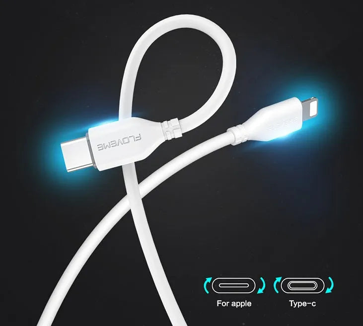 White USB-C to Lightning charging cable with nylon braiding shown at full 2-metre length