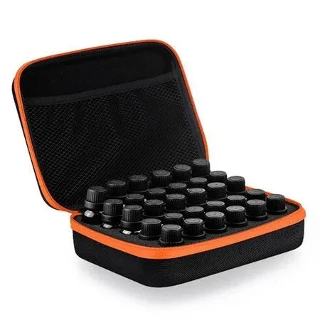 Red EVA essential oil storage bag with 30 compartments mounted on a wall
