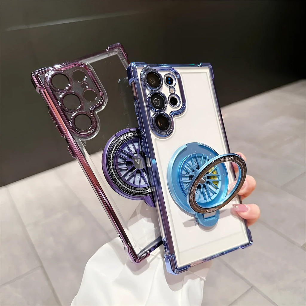 Samsung S23 phone case electroplated cool black with rotating gyro bracket and magnetic suction back