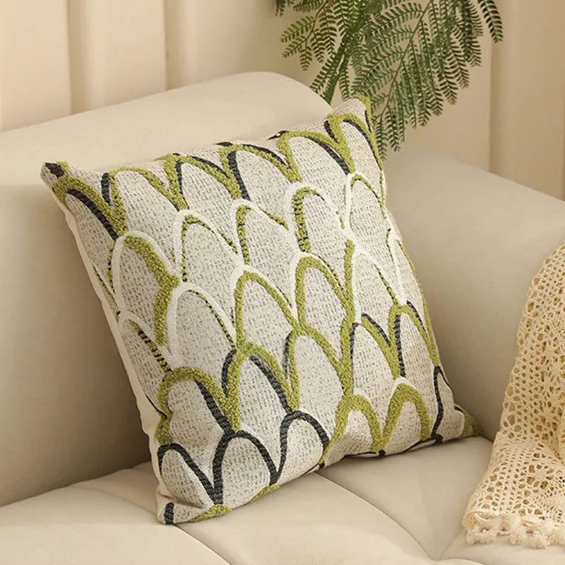 Close-up of a textured jacquard floral pillow cover in a 45cm square size, showcasing yarn-dyed pattern details.
