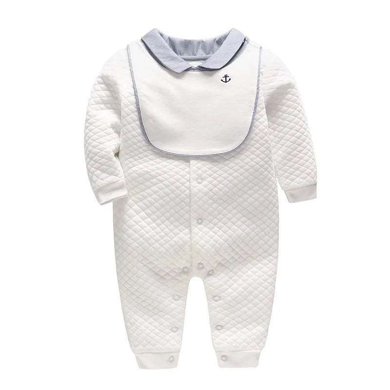 White 100% cotton long sleeve baby gentleman romper for spring and autumn wear