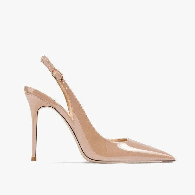 Women's nude PU leather ankle-strap high heels with hollow design and button fastening