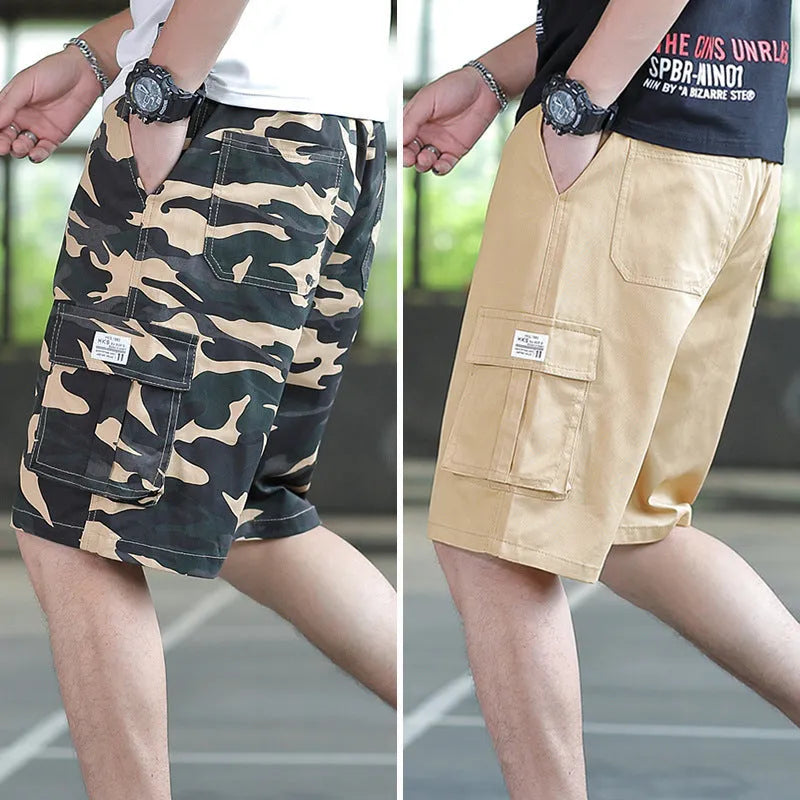 Men's loose fit Korean style cargo trousers in army green with giraffe pattern gradient detail