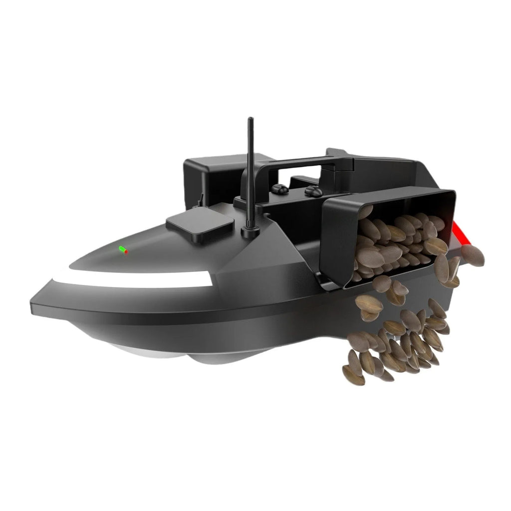 V020 black remote control fishing boat with GPS antenna on a calm lake at dusk