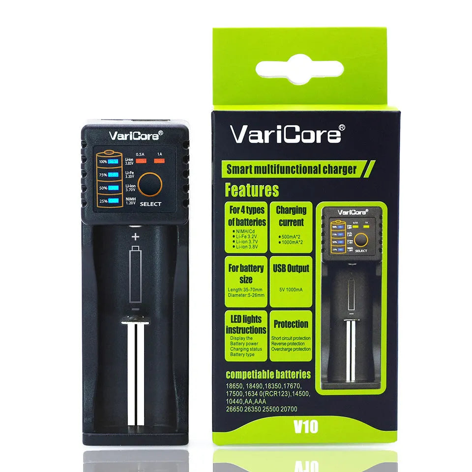 V10 universal battery charger with USB output for 18650 Li-ion and NiMH cells