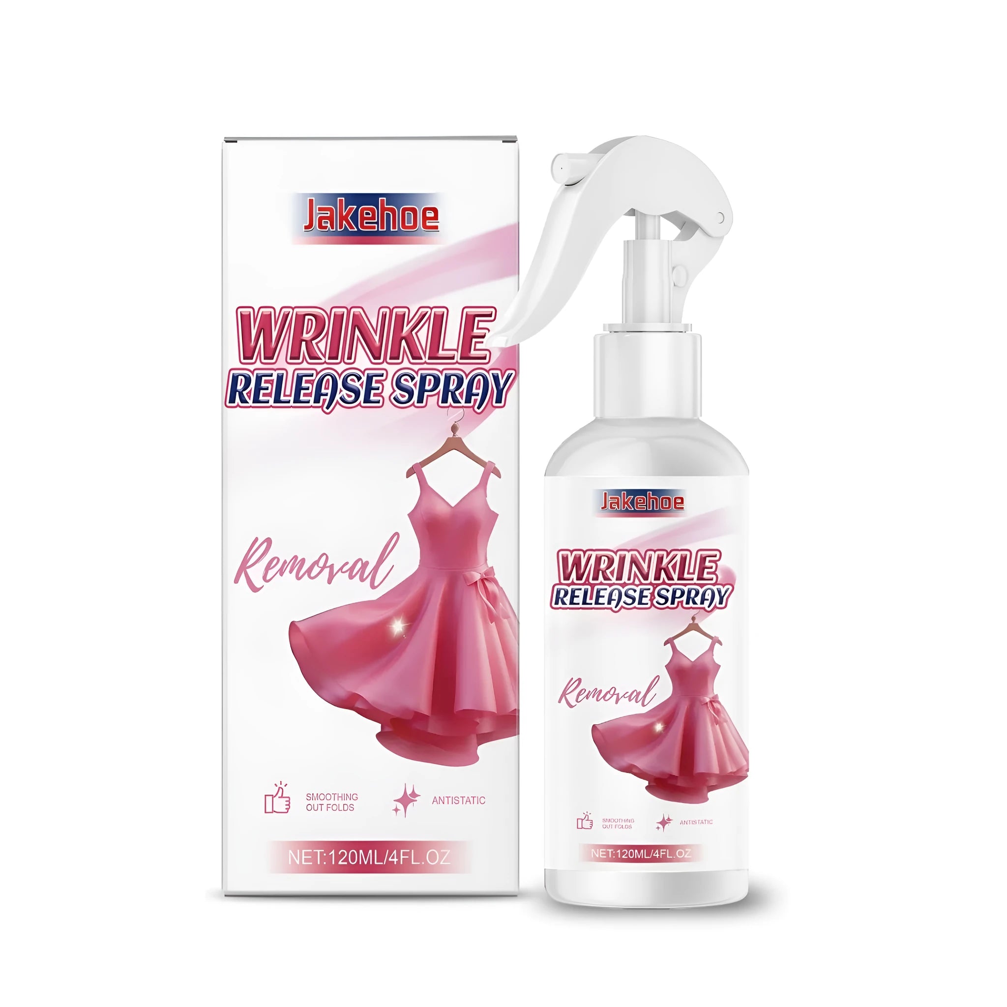 120ml wrinkle release spray bottle for clothes with pump nozzle, white label, plain background