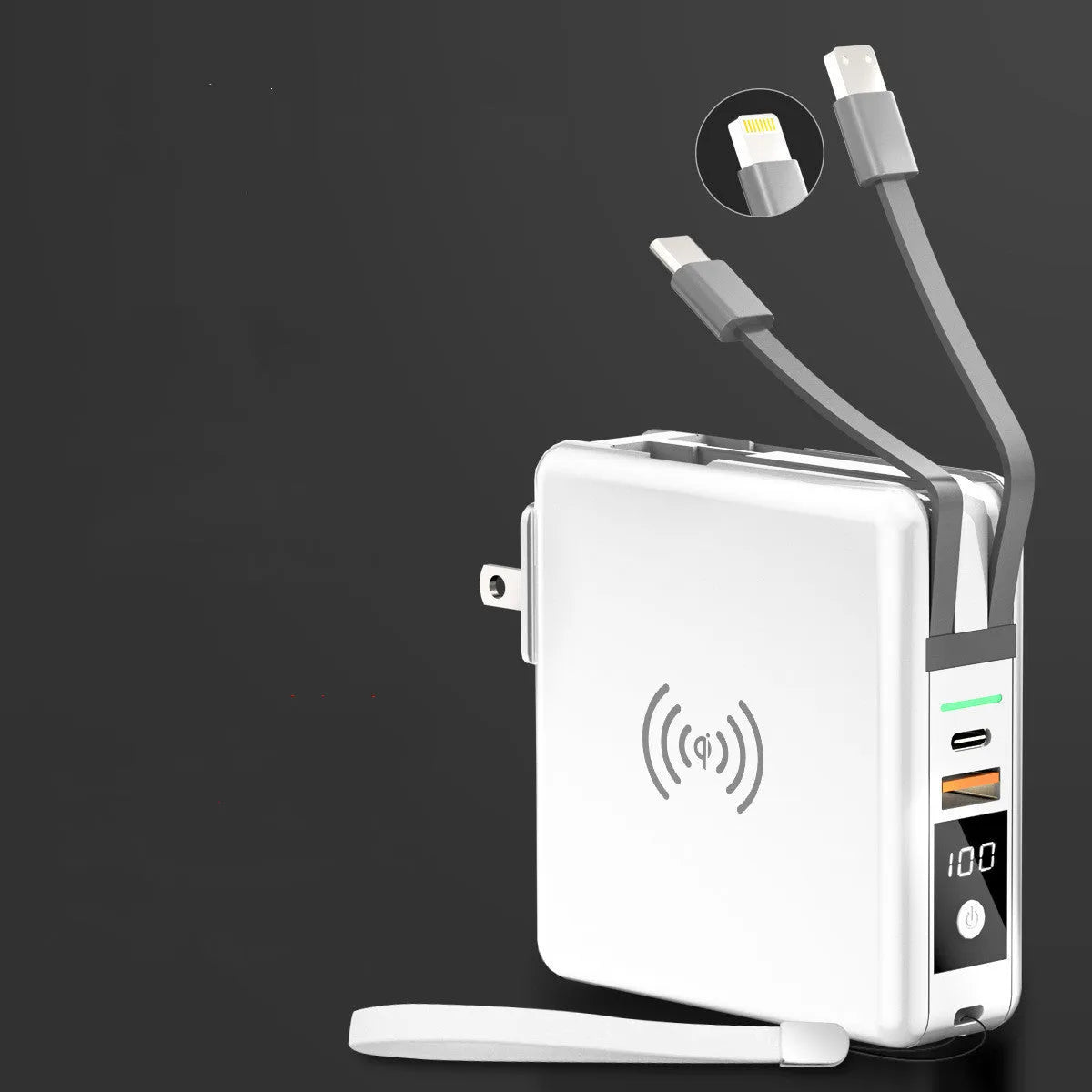 Black and white Super QI wireless power bank with fold-out international plug pins and USB-C port.
