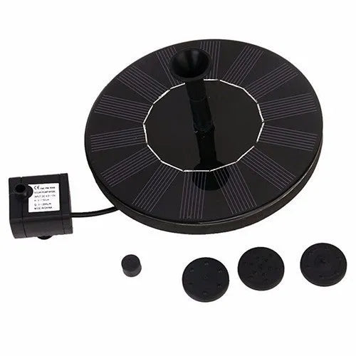 Round 16cm solar fountain pump with solar panel for outdoor water features.