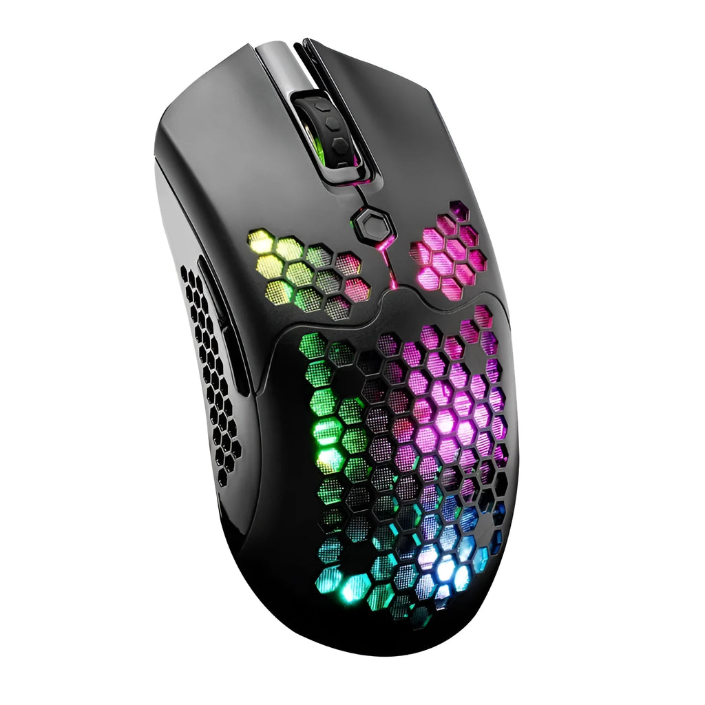 Free Wolf X2 wireless gaming mouse in black with RGB lighting lit, shown next to its USB-C cable and nano receiver.