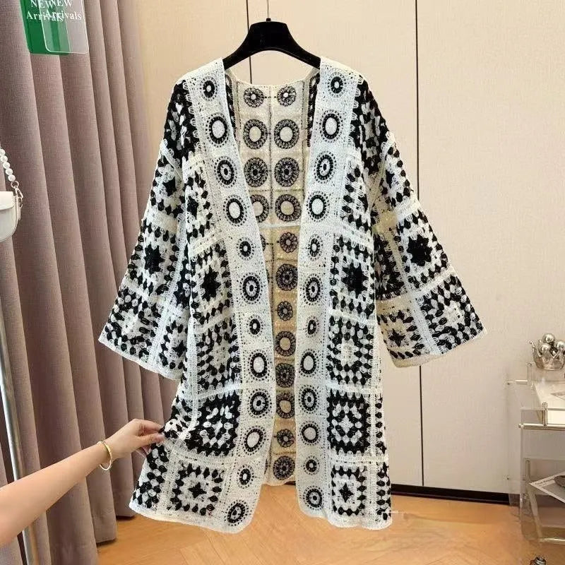 Ladies' loose embroidered thin knit cotton cardigan in black, front view