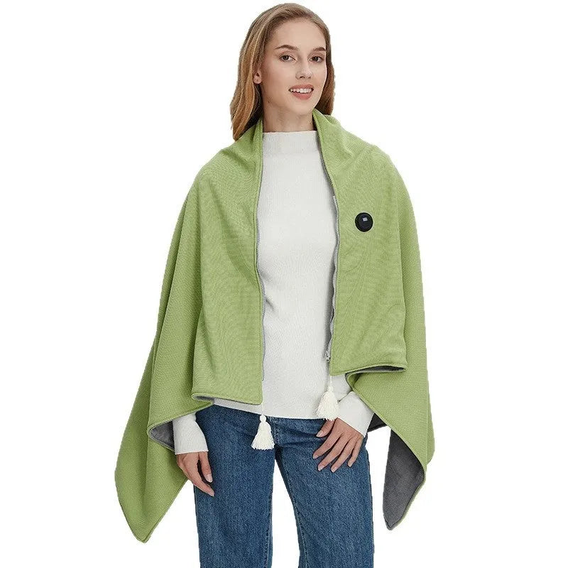 Solid-colour polyester heated shawl blanket in green, red, or beige with 4000mAh or 5000mAh power bank