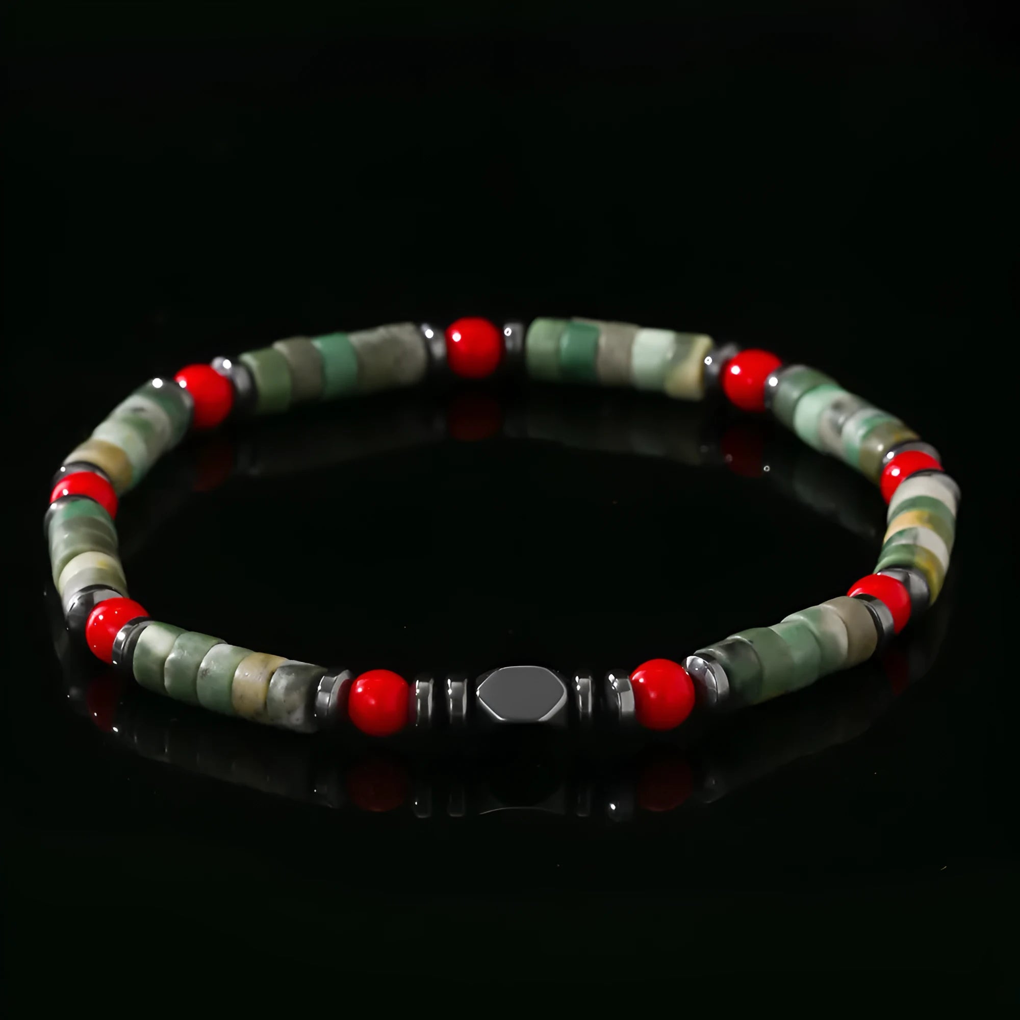 Men's hand-woven bracelet with cylindrical semi-precious stone beads on a string.