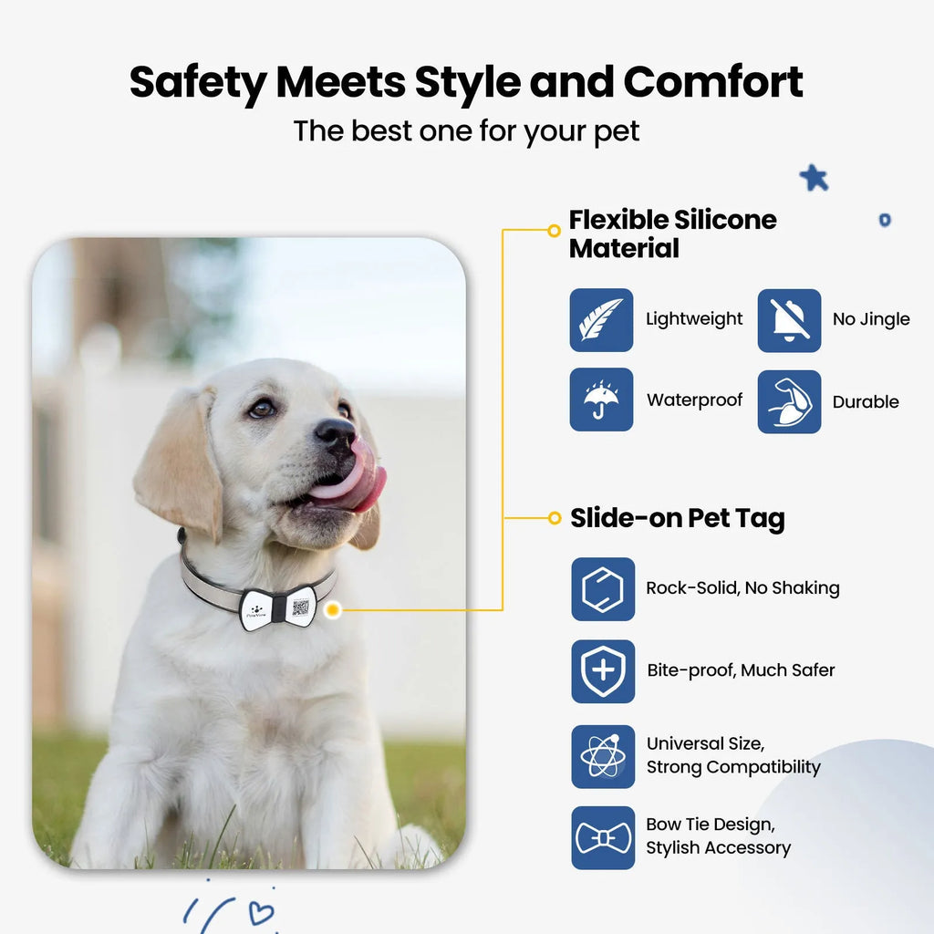 NFC smart QR code silicone pet tag with bowknot in black, blue, pink, red on dog collar