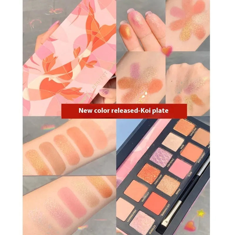 Explorer animal theme eyeshadow palette showing twelve colours across nine named plates.