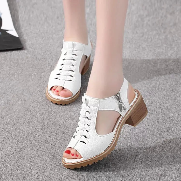 Women's retro sandals with side zipper closure in black, creamy white, and white colours
