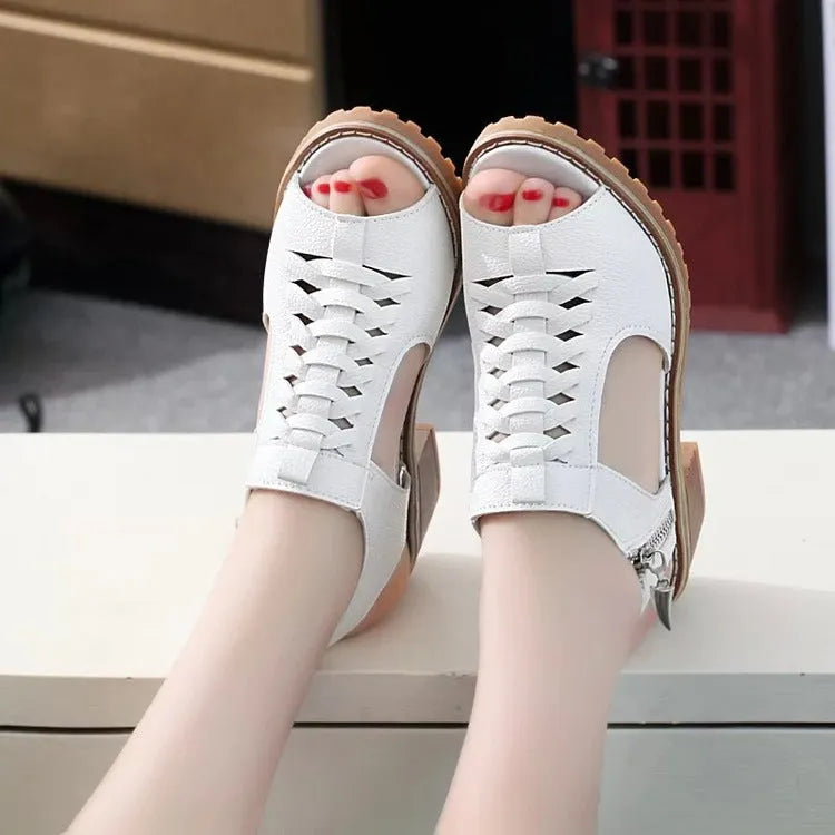 Women's retro sandals with side zipper closure in black, creamy white, and white colours