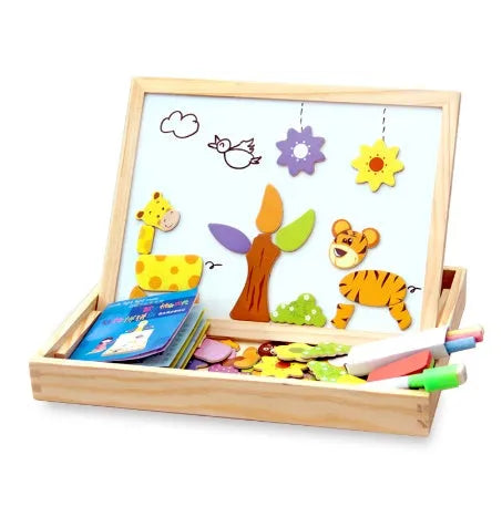 Wooden magnetic puzzle board with animal and zodiac theme pieces for children's educational play