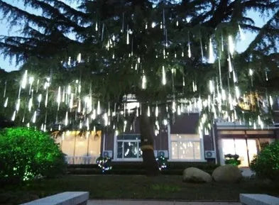 Outdoor waterproof LED meteor shower lights showing falling light effects in blue and white colours
