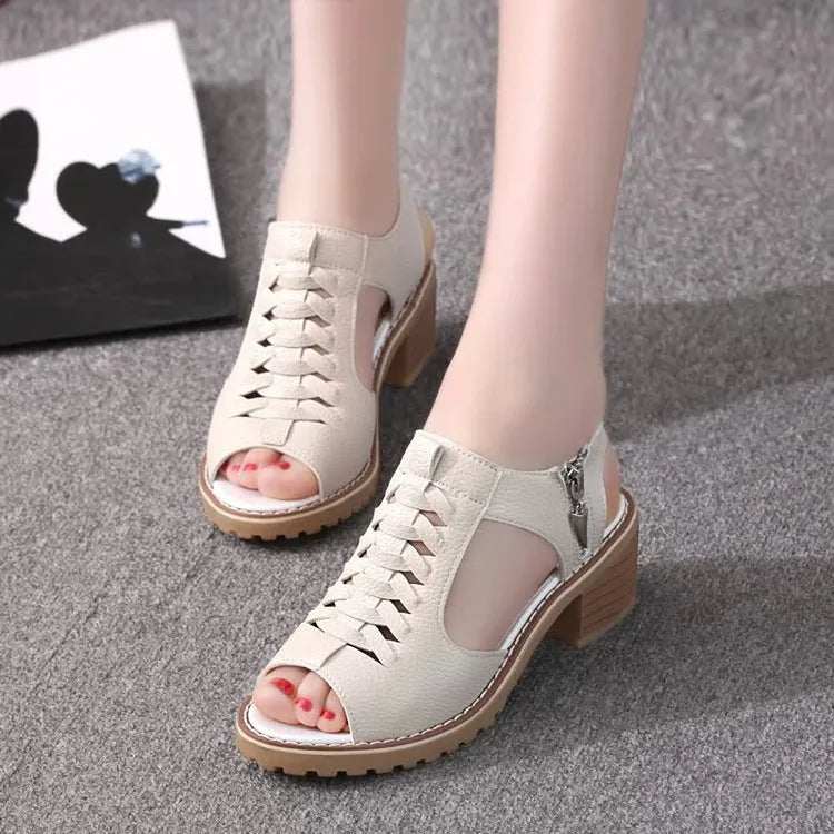 Women's retro sandals with side zipper closure in black, creamy white, and white colours