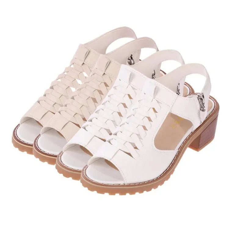 Women's retro sandals with side zipper closure in black, creamy white, and white colours