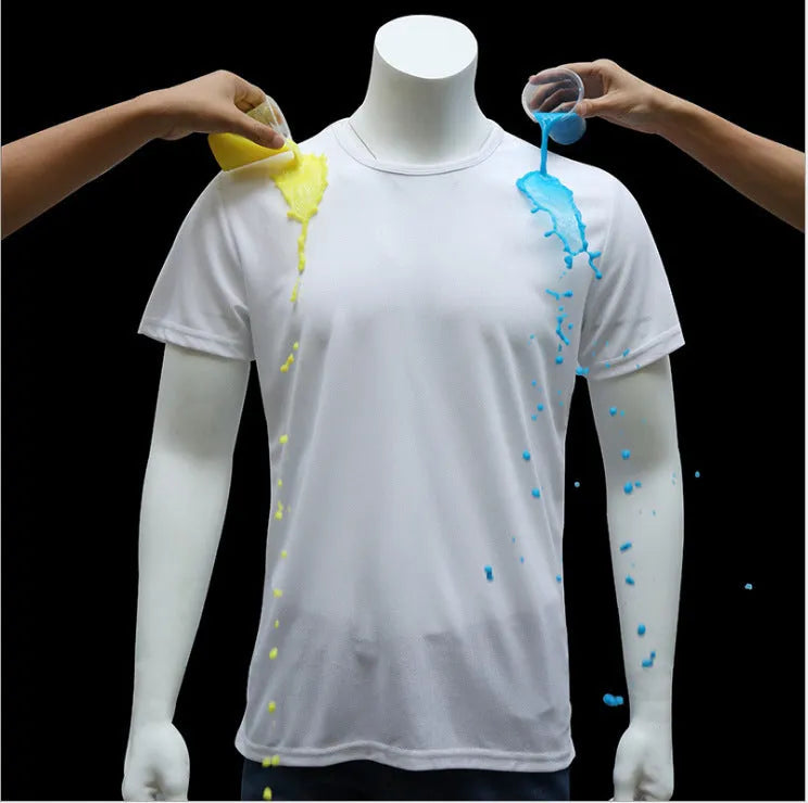 Plain round neck short sleeve quick-dry waterproof anti-fouling T-shirt in white, black, blue; 95% acetate blend loose fit