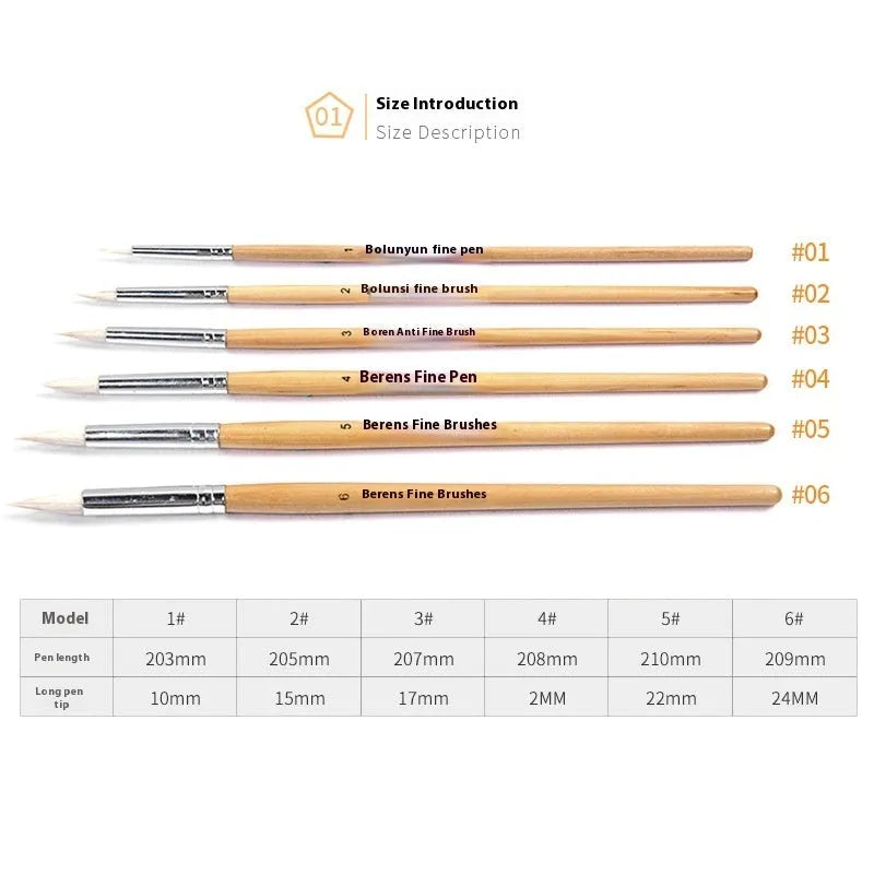 Six wooden-handled artistic wool pointed hook brushes in conventional colours for textile work