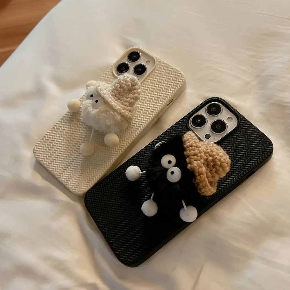 Autumn winter plush coal ball phone case soft TPU for iPhone models black white