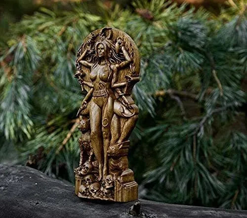 A detailed synthetic resin statue of a Greek goddess, 22cm tall, shown in a garden setting.