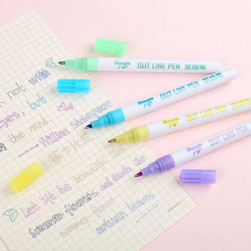 Eight colour fluorescent markers with fine 2mm tips arranged beside their 14cm x 8.9cm packaging box
