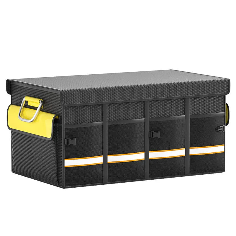 Black and yellow foldable fabric car boot storage organiser bag with handle.