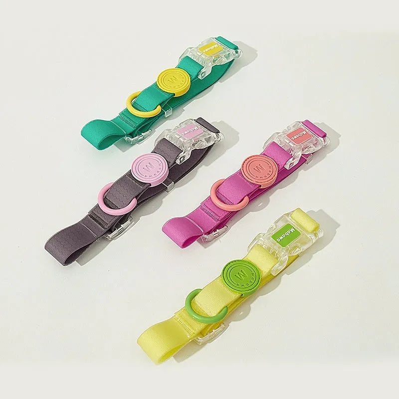 Nylon dog collar and matching leash set shown in smoky grey, new green, lemon yellow, and rose pink colour options.