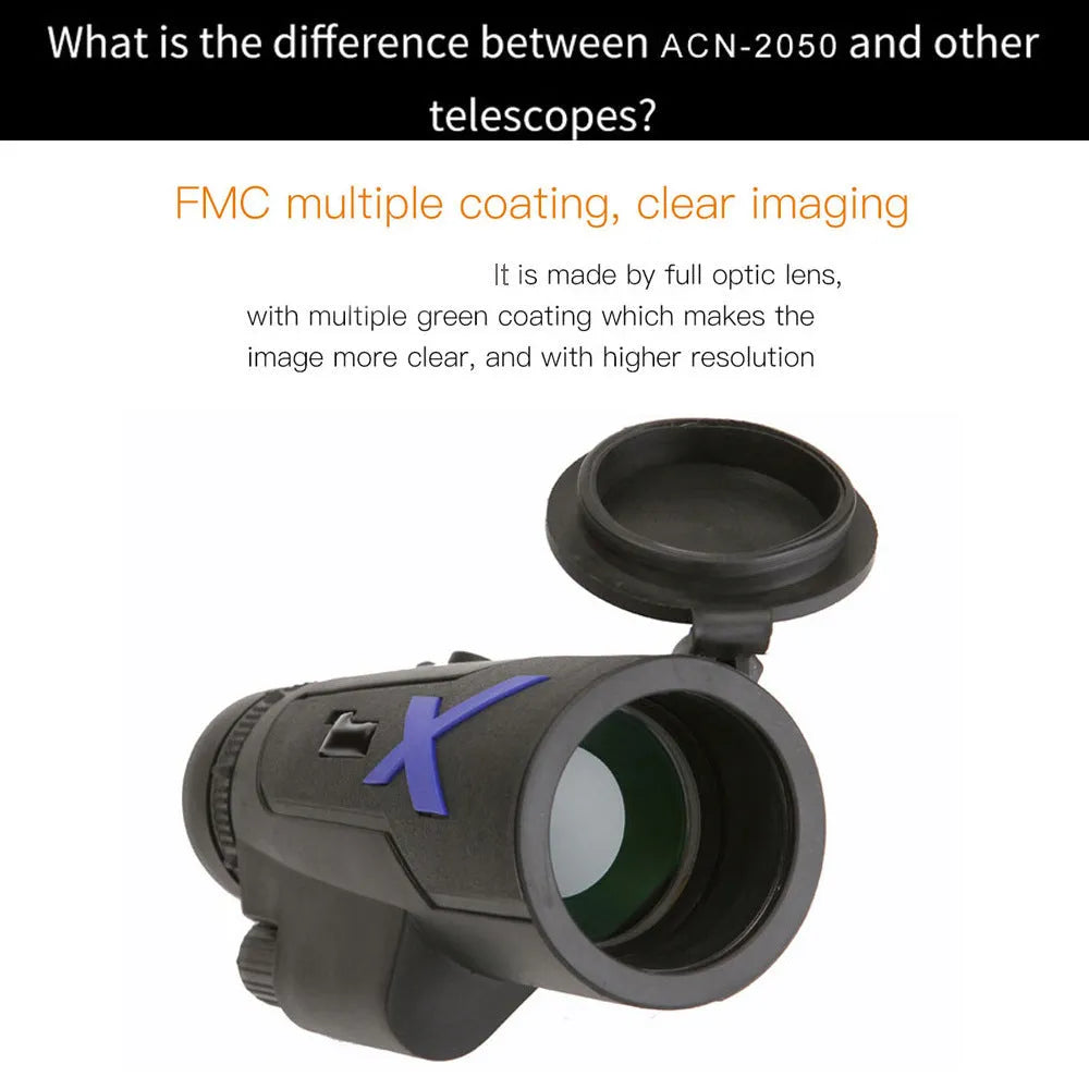 Black 12x50 monocular telescope with 50mm objective lens for outdoor observation