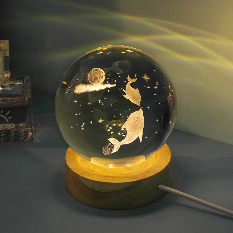 Transparent crystal ball night lamp with carved 3D jellyfish design, USB powered with optional natural light base