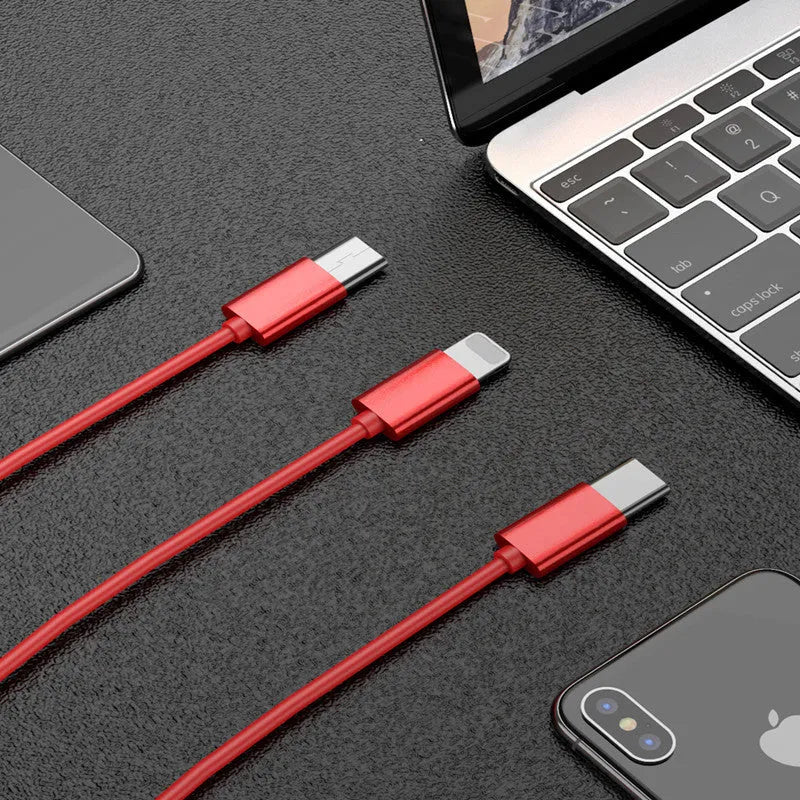 3 in 1 telescopic data cable 120cm with Apple Android Type-C connectors in Piano Black