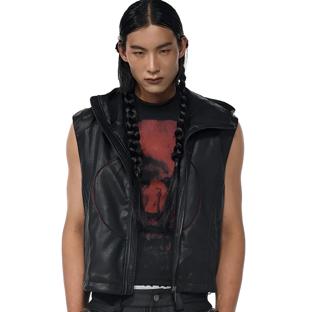 Black PU leather waistcoat for men with hooded collar and star detailing