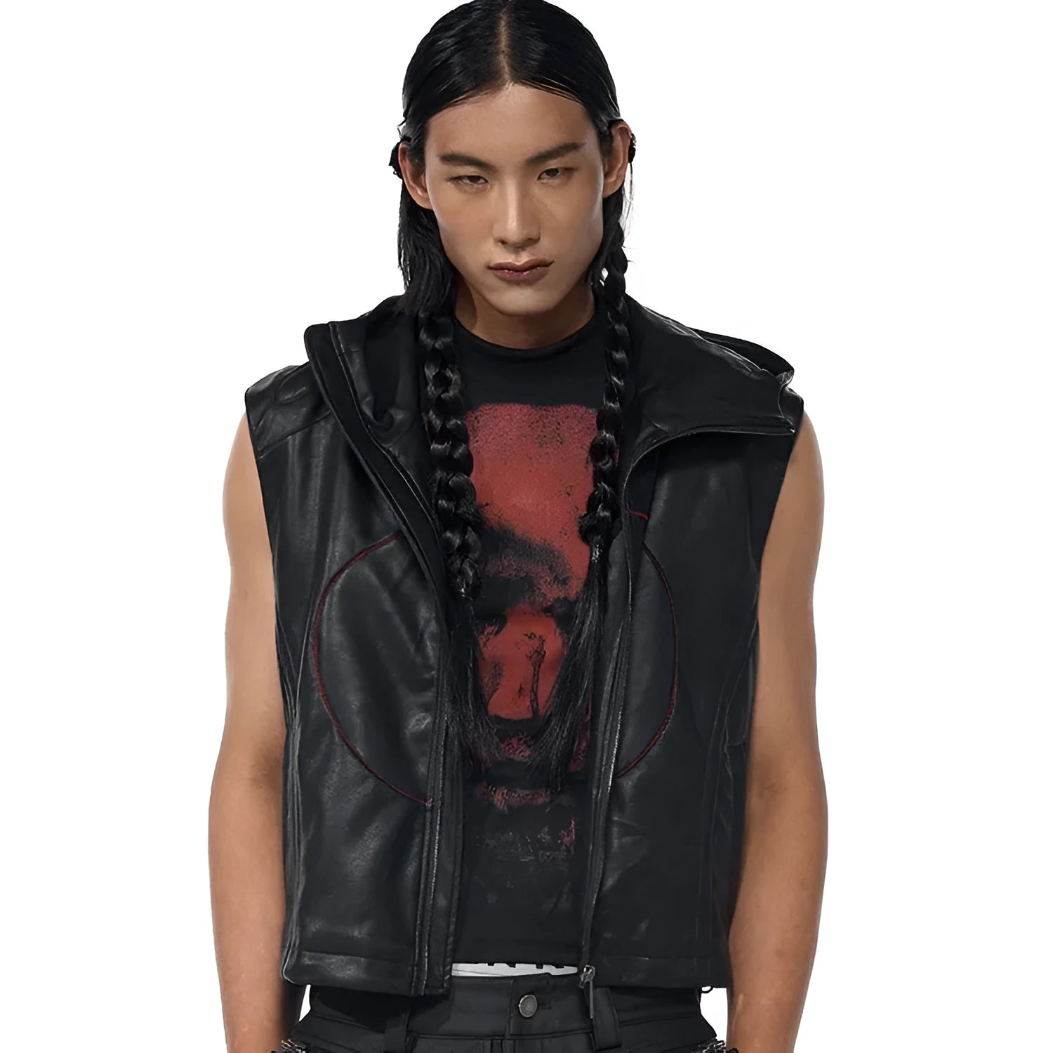 Black PU leather waistcoat for men with hooded collar and star detailing