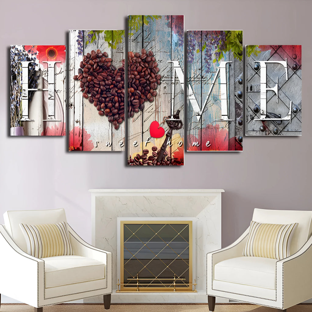 Set of red unframed oil painting decoration boards in graduated sizes arranged on a wall.