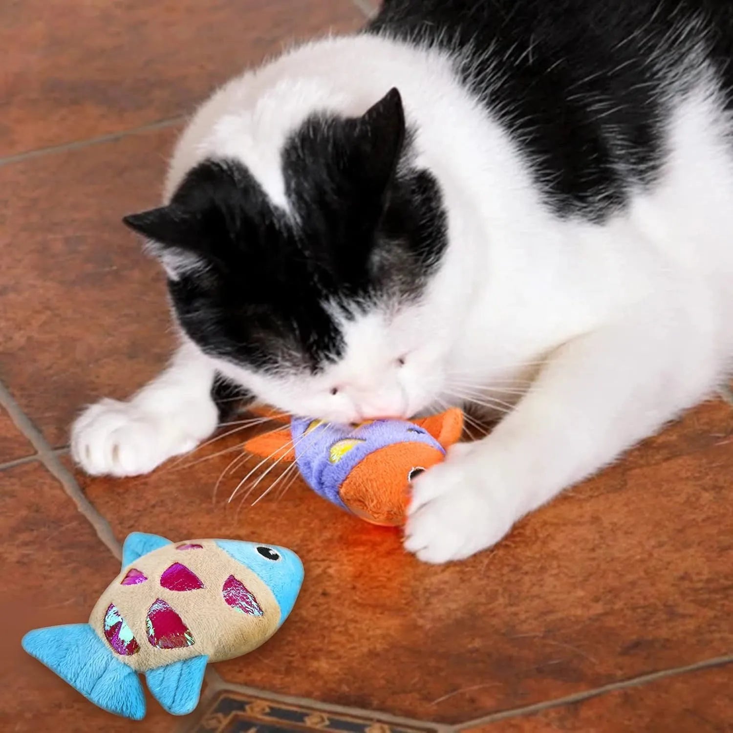 Two small fish-shaped cat toys with plush exterior in assorted colours