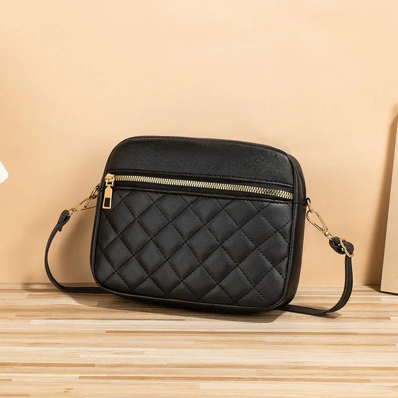 PU crossbody bag with diamond mesh stitching, horizontal square shape, available in white black or pink