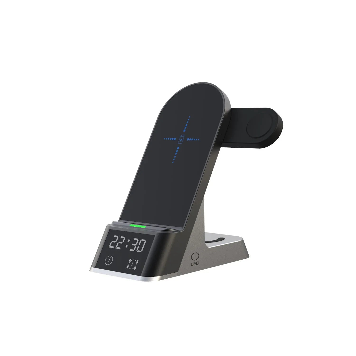 Black six-in-one multifunctional alarm clock with wireless phone charging pad and digital display.