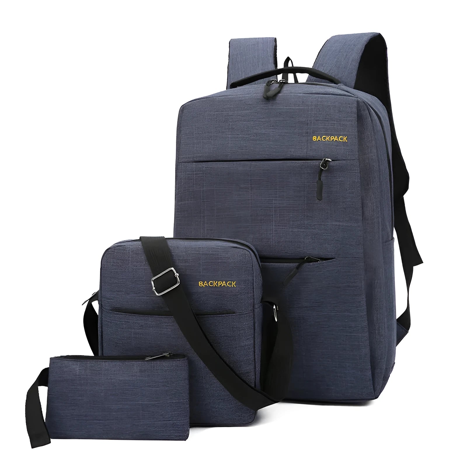 Men's set of three nylon computer bags in black, featuring USB charging port, multiple pockets, and padded shoulder straps.