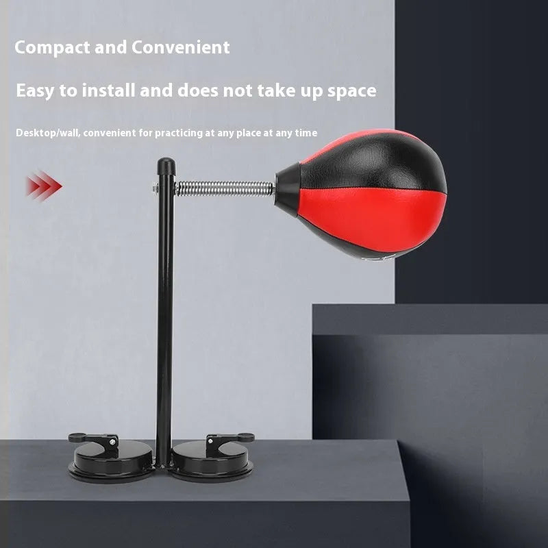 Inflatable pear-shaped boxing training ball with double suction cup hanging mount and red/black ball head